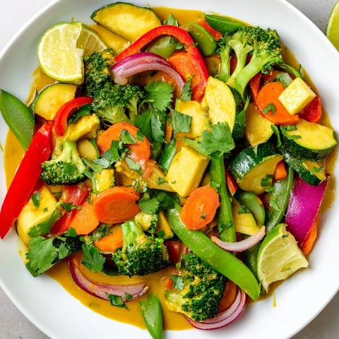 Steaming coconut curry vegetables, a colorful vegan dish, garnished with fresh cilantro and lime.