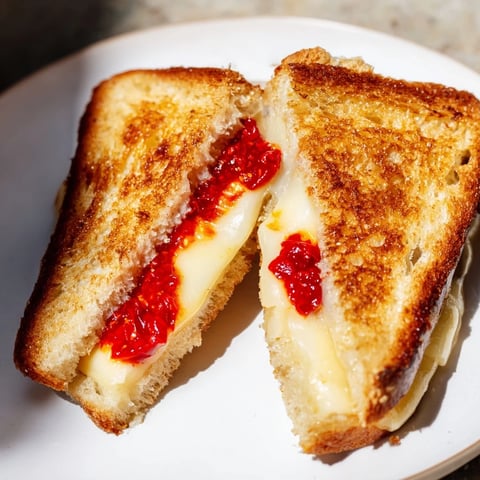 Golden-brown Brie and Chili Crisp Grilled Cheese, oozing with melted cheese and spicy chili.