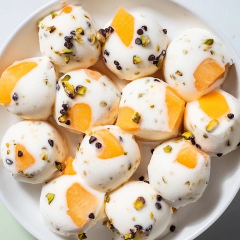 Frozen peach yogurt bites: Refreshing frozen treat, showcasing diced peaches folded into creamy yogurt for a snack.
