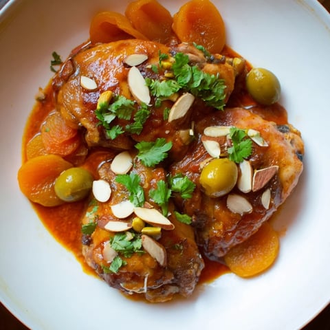 Golden, slow-cooked Moroccan Tagine Chicken with apricots and olives, ready to serve warmly.