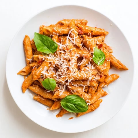 Close-up of a rich, red Sun-Dried Tomato Pesto Pasta twirled on a fork. Steam rises from the al dente pasta coated in a chunky, savory sauce flecked with fresh basil. A sprinkle of Parmesan cheese and toasted pine nuts adds texture and flavor. Perfect for a quick weeknight vegetarian dinner.