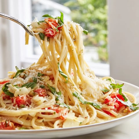 Golden roasted garlic pasta sauce simmering in a skillet with fresh basil and a swirl of cream.