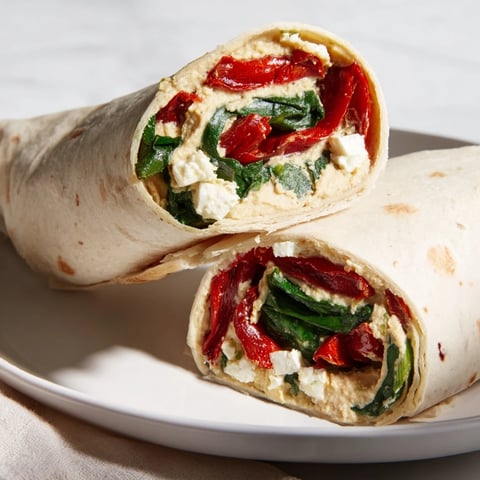 Fresh Mediterranean Veggie Wrap stuffed with creamy hummus, roasted red peppers, spinach, and crumbled feta in a soft tortilla.  