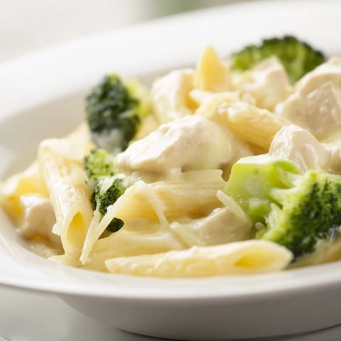 Tender chicken pieces and bright broccoli florets tossed in creamy cheddar sauce over penne pasta for a comforting dinner.