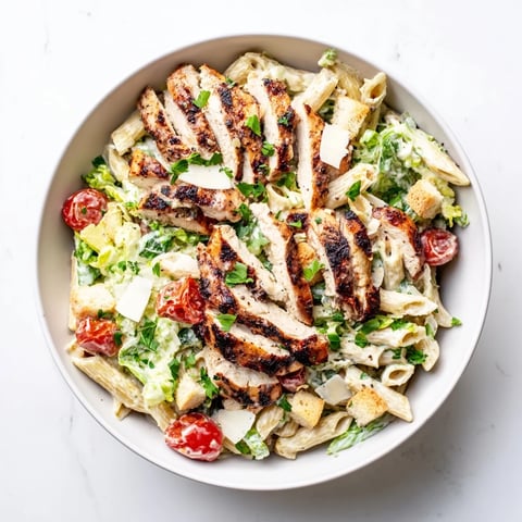 A close-up of Spicy Chicken Caesar Pasta with grilled chicken slices atop creamy pasta, cherry tomatoes, and crisp romaine leaves.