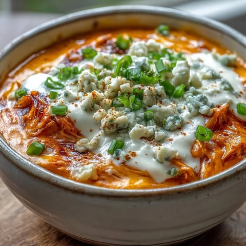 Crock Pot Buffalo Chicken Dip Soup steaming in a bowl, topped with green onions and blue cheese crumbles.