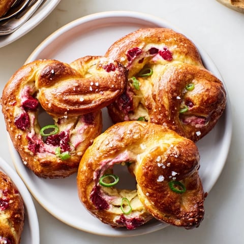Soft pretzel twists bursting with creamy cranberry jalapeño dip, ideal party snack.  