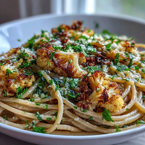 Plated Cauliflower, Anchovy and Raisin Spaghetti topped with fresh parsley and a lemon twist.