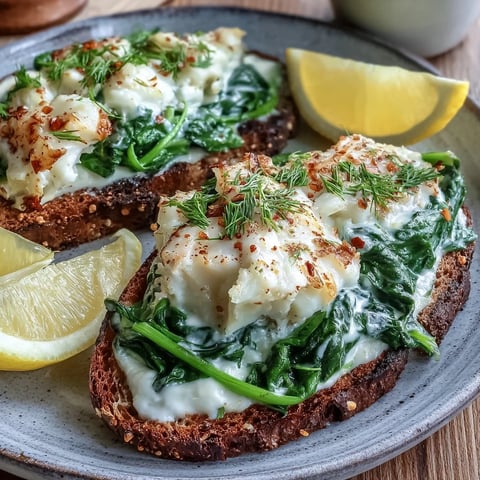 Crispy golden rye toast topped with flaked smoked haddock and wilted spinach, finished with a dollop of crème fraîche.