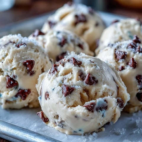 A scoop of Greek Yogurt Cookie Dough topped with melty chocolate chips on a marble surface. 