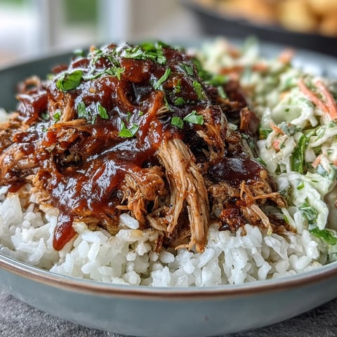 Tender slow-cooked Pulled Pork Bowl with fluffy rice, tangy coleslaw, and smoky BBQ sauce drizzle.