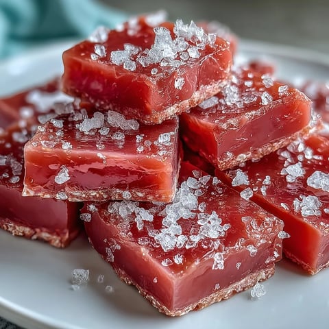 Homemade guava cheese squares dusted with sugar, a glossy, ruby-hued confection with a sweet-tart tropical flavor.