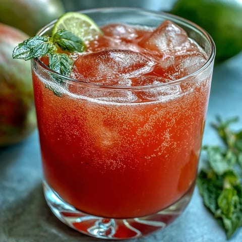 A tall glass of Guava Juice With Sparkling Water, filled with ice, mint, and a vibrant pink-orange hue, perfect for a refreshing summer sip.