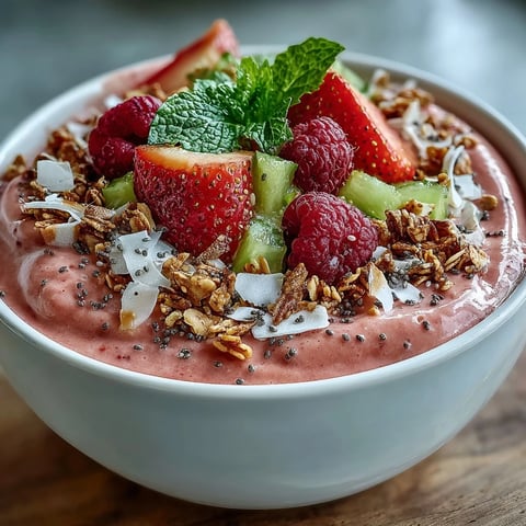 Two vibrant bowls of Guava and Mango Smoothie Bowl topped with granola, fresh berries, and coconut flakes, garnished with mint.