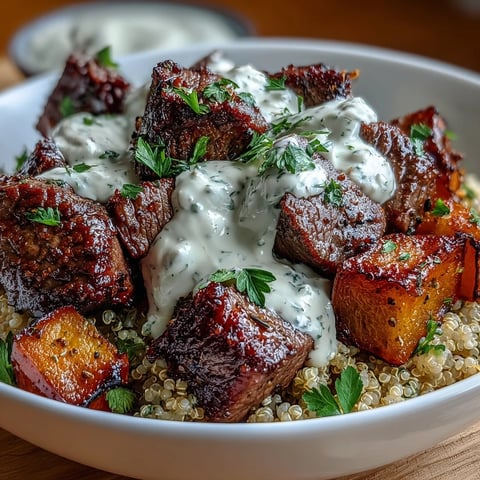 Golden roasted butternut squash and seared steak bites sit atop fluffy quinoa in these Savory Butternut Squash & Garlic Herb Steak Bowls.