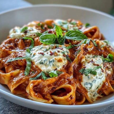 Creamy Red Pepper Pasta with Burrata & Herbs features al dente noodles tossed in a velvety roasted red pepper sauce.
