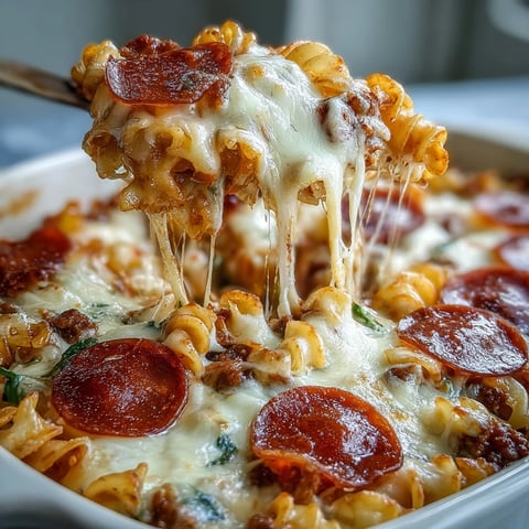 Golden, bubbly High-Protein Pizza Pasta Bake fresh from the oven, topped with crispy pepperoni and melted mozzarella.