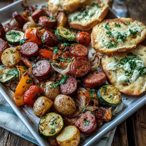 Golden-brown smoked sausage and vibrant roasted bell peppers, zucchini, and potatoes on a sheet pan, paired with warm garlic naan for a quick weeknight dinner. 