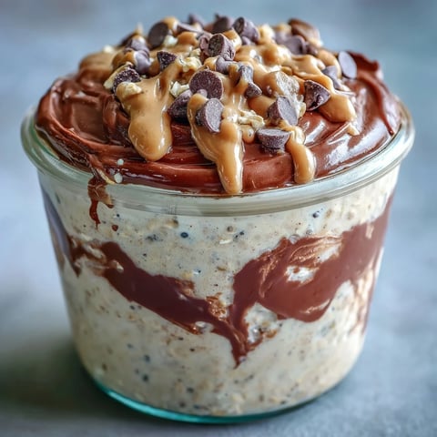 Peanut Butter Cup Overnight Oats in a clear jar, showing creamy oats and a rich cocoa ganache layer topped with mini chocolate chips. 