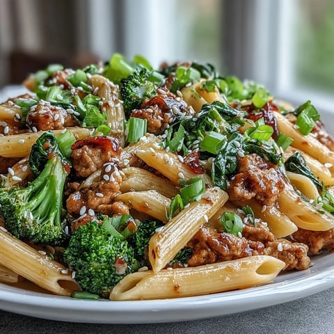 Steamed broccoli florets and cooked penne pasta are tossed with ground turkey in a skillet, coated in a glossy sweet and spicy sauce.