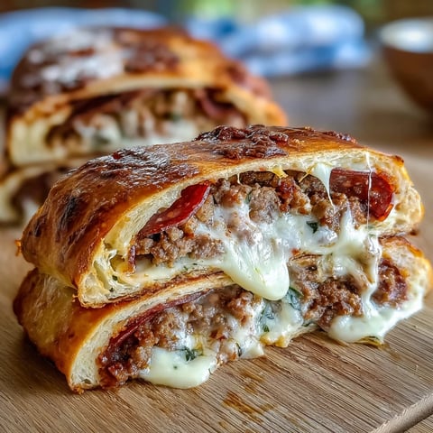 Golden-brown Baked High-Protein Pepperoni Stromboli sliced open on a wooden cutting board, revealing layers of melted mozzarella, pepperoni, and seasoned ground beef.