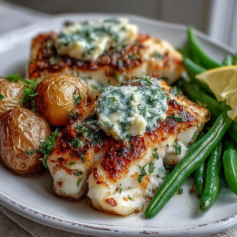 Golden Garlic Herb Butter Cod fillets baked alongside tender baby potatoes and crisp green beans on a parchment-lined tray.