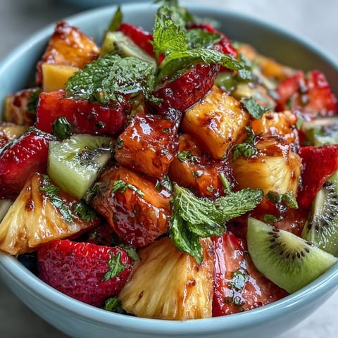 Tropical fruit salad with mint lime dressing, featuring vibrant pineapple, mango, and papaya in a zesty citrus dressing.