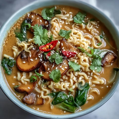 Creamy vegan coconut curry ramen with bok choy and mushrooms, served steaming in a deep bowl with vibrant green bok choy and earthy mushrooms.