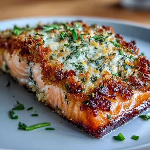 Golden-brown salmon fillets topped with a savory garlic-parmesan crust, served alongside vibrant roasted broccoli and fresh lemon wedges.  