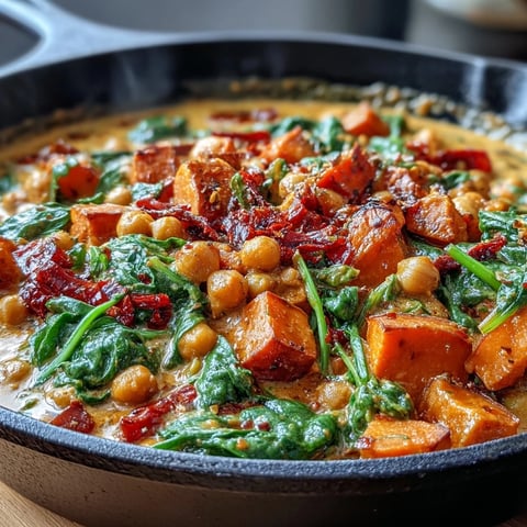 Creamy Coconut Curry Chickpea Skillet with tender sweet potatoes, fresh spinach, and aromatic spices in a luscious coconut sauce.
