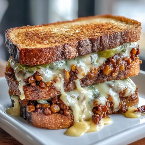 Hearty vegan lentil sloppy joes piled high on toasted sourdough, topped with creamy dairy-free cheese sauce and fresh garnishes.  