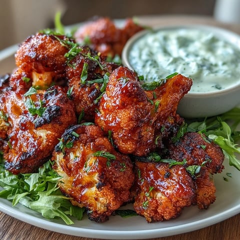 Crispy roasted cauliflower florets tossed in spicy buffalo sauce, served with creamy ranch yogurt dip for a flavorful low-carb appetizer.  