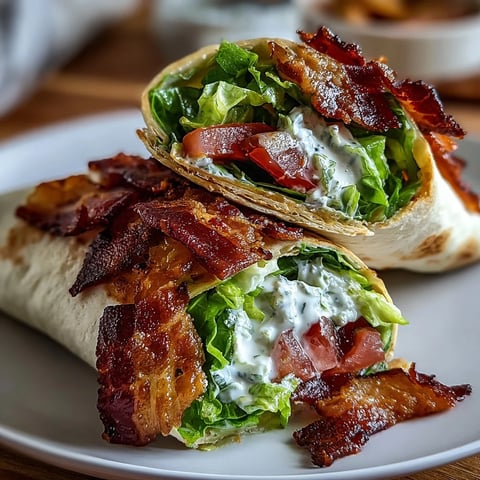 Gourmet BLT Wraps with Secret Sauce: crispy bacon, fresh lettuce, and marinated tomatoes wrapped in a low-carb tortilla with tangy sauce.