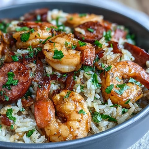 A steaming bowl of Cajun dirty rice with juicy shrimp and spicy sausage, packed with bold Southern flavors and vibrant vegetables.  