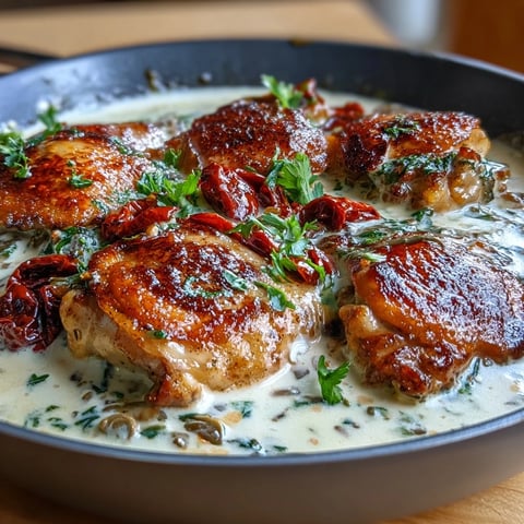 Creamy Pepperoncini Chicken Skillet with tender chicken thighs in a tangy, rich sauce, garnished with sliced pepperoncini for extra zest.