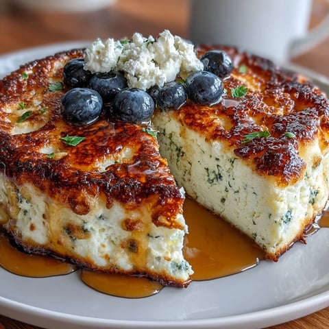 Light and fluffy flourless cottage cheese pancakes topped with fresh berries and a drizzle of honey, served on a white plate.