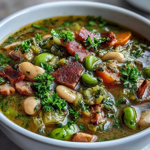 Hearty bowl of ham and lima bean soup with tender chunks of ham and creamy beans in a savory broth.  