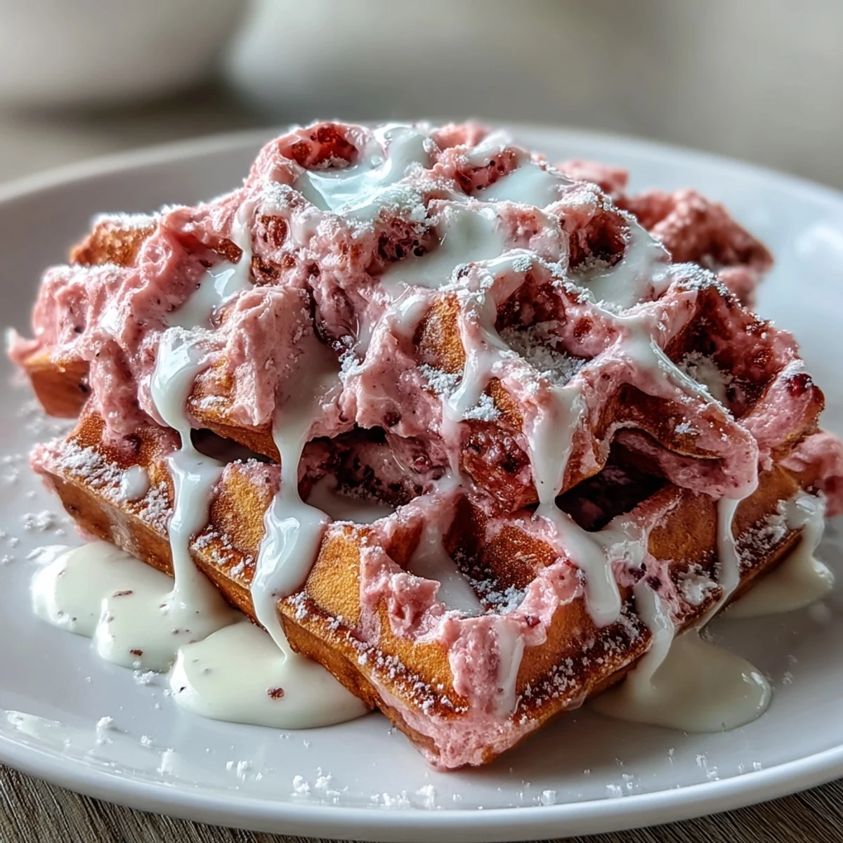 Fluffy pink velvet waffles drizzled with rich cream cheese sauce, garnished with fresh berries for a festive breakfast treat.
