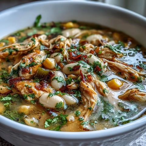 A steaming bowl of white bean chicken chili with shredded chicken, white beans, and vibrant peppers in a savory broth.