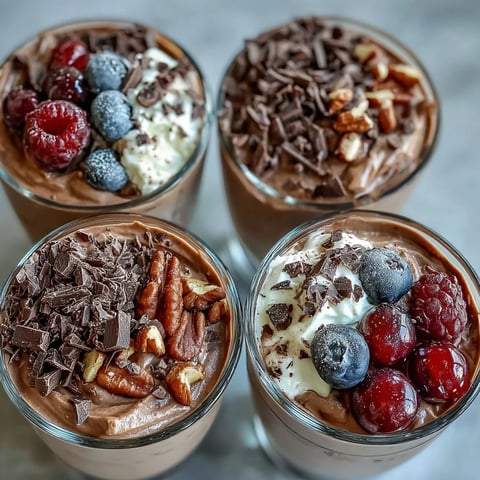 Rich, creamy high-protein chocolate cottage cheese mousse cups topped with fresh raspberries and dark chocolate shavings.