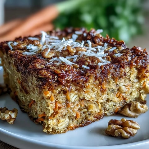 Spring Carrot Cake Baked Oatmeal Squares with shredded carrots, warm spices, and crunchy walnuts, baked golden and ready to slice.