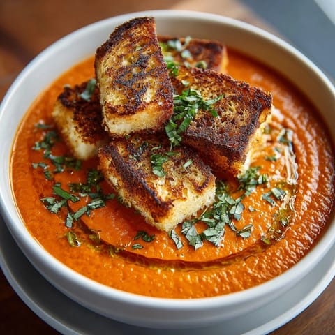 Sipping homemade Creamy Tomato Soup next to savory, tangy Pickle Grilled Cheese Skewers.