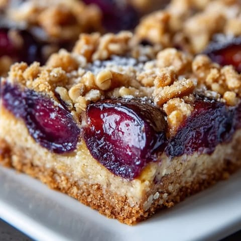 Juicy Early Fall Plum &amp; Walnut Oat Bars with toasted nuts, perfect for baking.