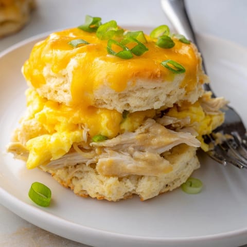 Stacked Cajun Chicken Breakfast Biscuits: Flaky, buttermilk biscuit layers reveal spicy chicken and eggs.