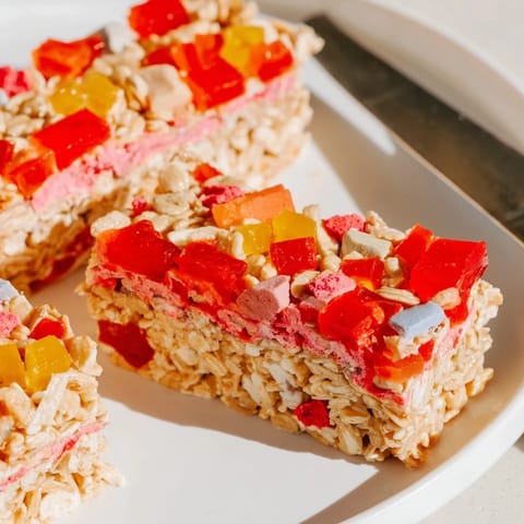 Bright, fruity homemade gummies and crunchy freeze-dried treats on wholesome oat bars.  