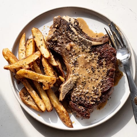 Perfectly seared Classic Peppercorn Ribeye garnished with golden, crunchy fries and fresh thyme.  