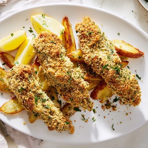 Golden-brown potato wedges accompany juicy herbed chicken tenders for a tasty meal.  