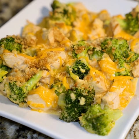 Golden cheesy Chicken & Broccoli Cheddar Bake, ready to eat with tender chicken and broccoli.