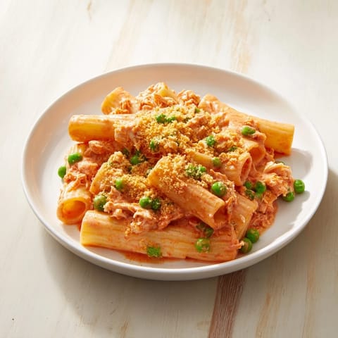 A close-up of a creamy and flavorful tuna pasta bake, ready to be served for dinner.