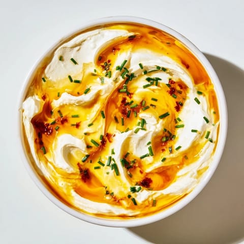 A bowl of fresh, whipped ricotta dip with beautiful hot honey swirls, ready to serve and enjoy.